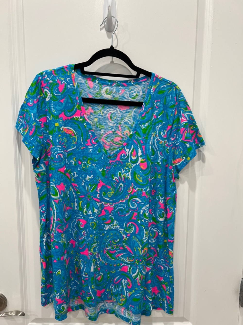 Lilly Pulitzer Blue Turquoise Pink Paisley Short Sleeve Tee